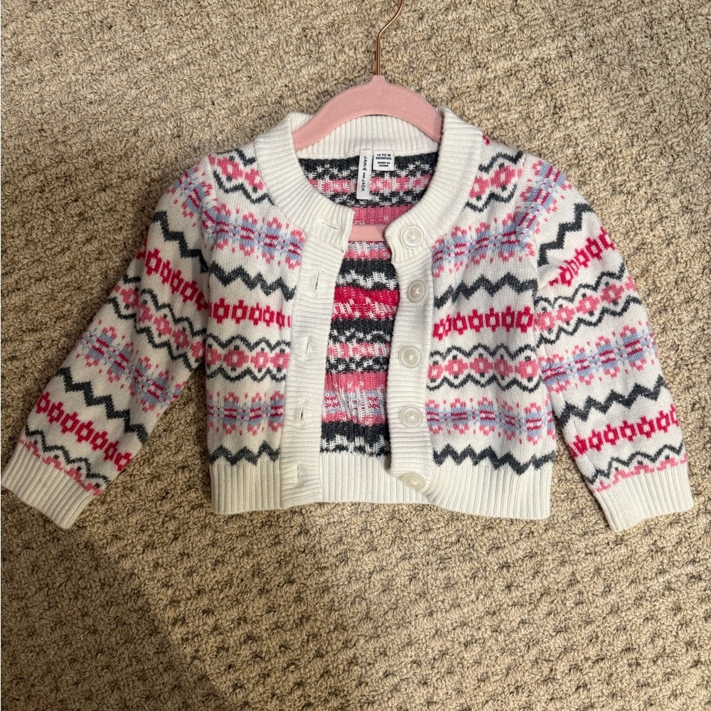 Janie & Jack Toddler Fair Isle Cardigan Sweater - White with Pink & Gray